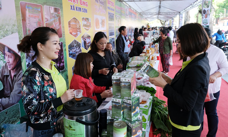 Người tiêu dùng lựa chọn nông sản tại hội chợ diễn ra tại Sơn Tây, Hà Nội