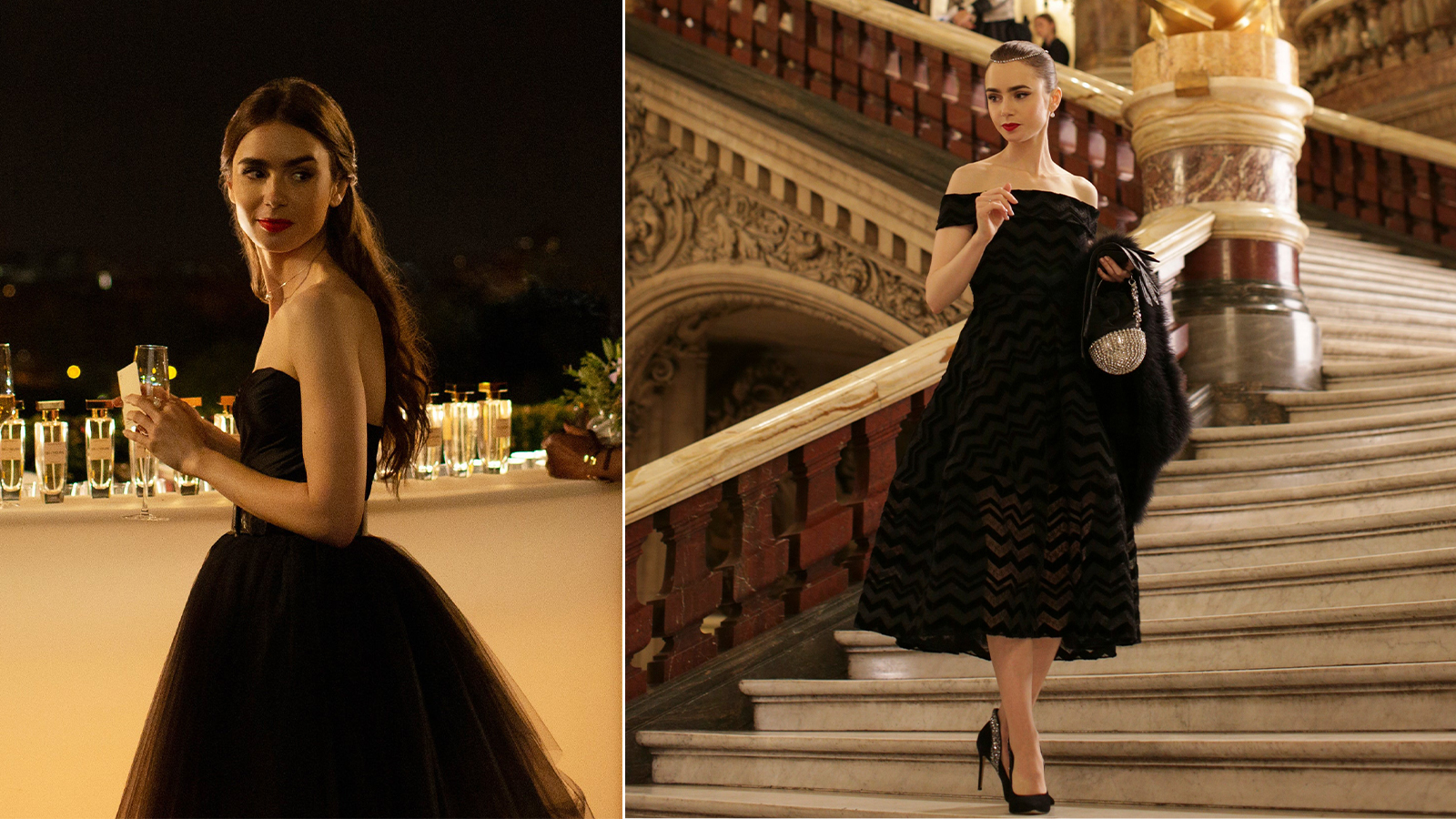 Hai chiếc váy đen cúp ngực nổi bật với những đường xếp nếp tinh tế trở thành khoảnh khắc thời trang khó quên của Lily Collins trong Emily In Paris. (Ảnh: Netflix)